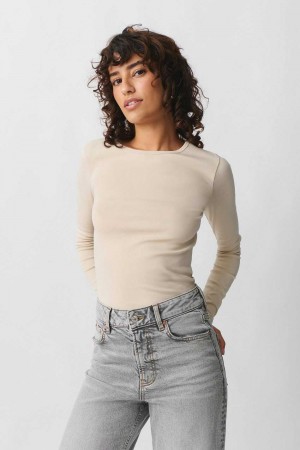 Women Gina Tricot Basic Long Sleeve Top Beige | 30ODLIZJB