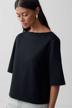 Women Gina Tricot Boatneck Top Black | 93EJVCQRN