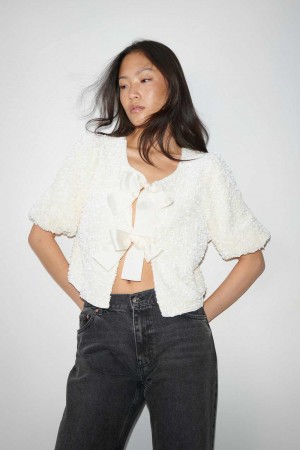 Women Gina Tricot Bow Top White | 92ENPRZTM