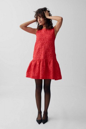 Women Gina Tricot Brocade Dress Red | 63HPYUZON