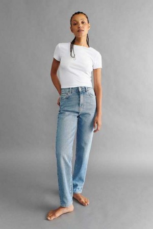 Women Gina Tricot Comfy Mom Jeans Blue | 37KBJFZGR