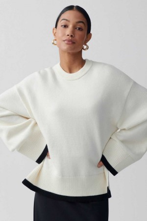 Women Gina Tricot Contrast Knit Sweaters White | 07WUKIFCV