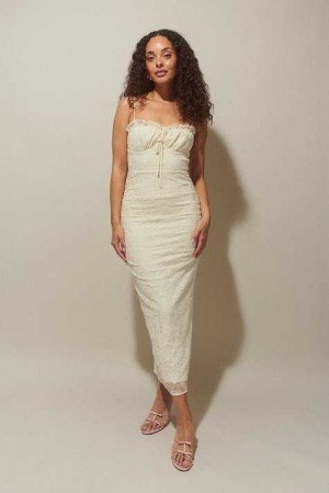 Women Gina Tricot Embroidered Midi Dress White | 38HQVRXDC