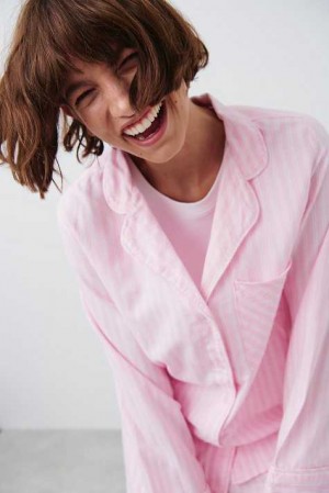 Women Gina Tricot Flannel Pyjamas Pink | 12WMKQZRO