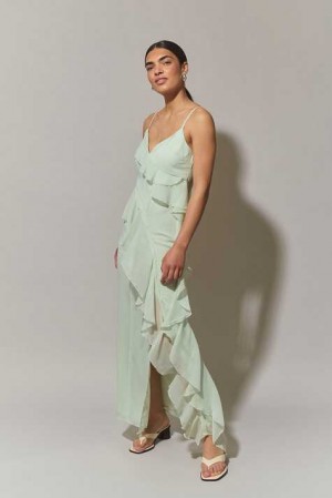 Women Gina Tricot Frill Chiffon Maxi Dress Green | 48GAQJBEH