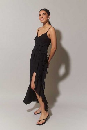 Women Gina Tricot Frill Chiffon Maxi Dress Black | 53NTEIKBF