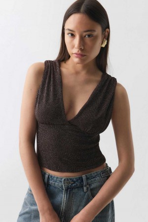 Women Gina Tricot Glitter Top Brown | 52PQILYNG
