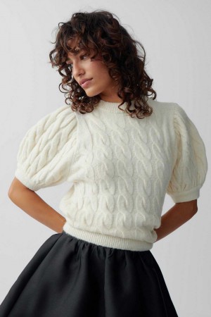 Women Gina Tricot Knitted Cable Sweaters White | 23WZOIAKF