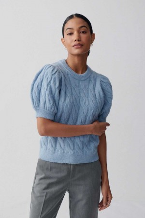 Women Gina Tricot Knitted Cable Sweaters Blue | 86ATOWQKI