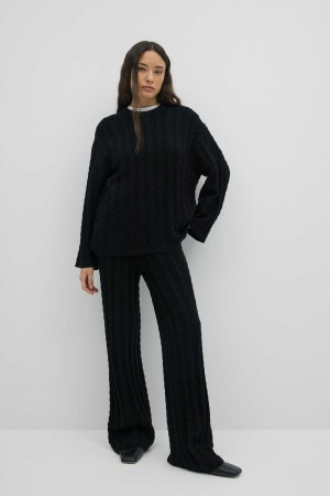 Women Gina Tricot Knitted Cable Trousers Black | 09EOADPQH