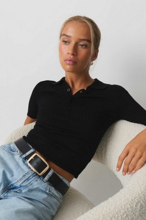 Women Gina Tricot Knitted Collar Sweaters Black | 25EAJLGQK