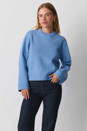 Women Gina Tricot Knitted Crew Neck Sweaters Blue | 69QZTRESA