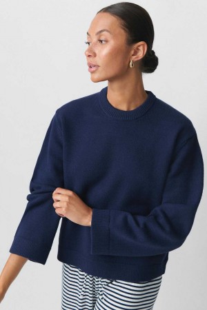 Women Gina Tricot Knitted Crew Neck Sweaters Blue | 60ENMXCAF