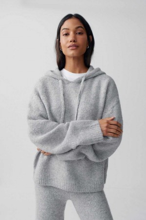 Women Gina Tricot Knitted Hoodie Grey | 87TJQWVZO