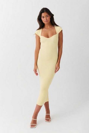 Women Gina Tricot Knitted Midi Dress Yellow | 79ZFKBNOH