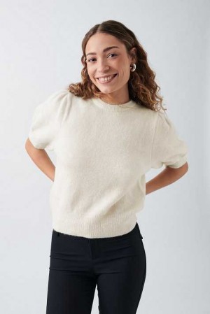Women Gina Tricot Knitted Puff Sleeve Sweaters White | 34TYBXNSA