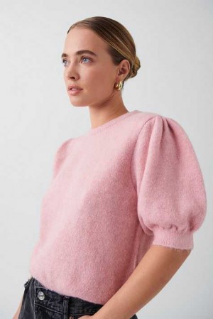 Women Gina Tricot Knitted Puff Sleeve Sweaters Pink | 24LEHFYRK