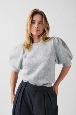 Women Gina Tricot Knitted Puff Sleeve Sweaters Grey | 97TYLAUJR