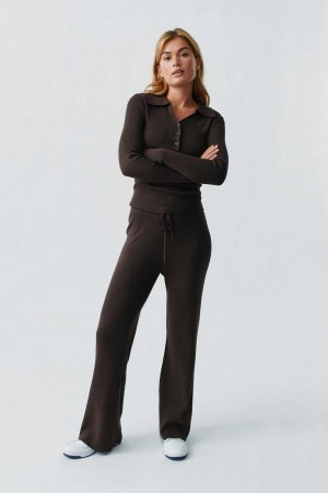 Women Gina Tricot Knitted Rib Trousers Brown | 95OUHJNPE