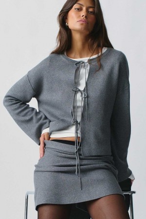 Women Gina Tricot Knitted Tie Cardigan Grey | 37SEDCXLK