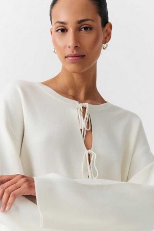 Women Gina Tricot Knitted Tie Cardigan White | 37ZOBDXJT