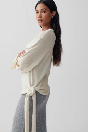Women Gina Tricot Knitted Tie Sweaters White | 56LSEXFMN