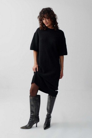 Women Gina Tricot Knitted T-shirt Dress Black | 28VIECYLA