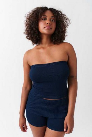 Women Gina Tricot Knitted Tube Top Blue | 47NJAKZLG