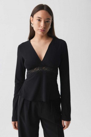 Women Gina Tricot Lace Detail Top Black | 23UNGJSIK