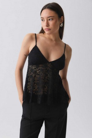 Women Gina Tricot Lace Tank Top Black | 50LCQUFIM