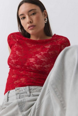 Women Gina Tricot Lace Top Red | 84HSKEGTN