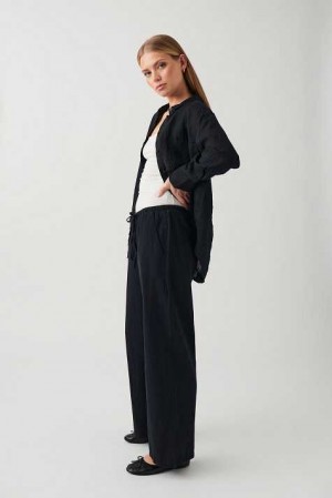 Women Gina Tricot Linen Blend Trousers Black | 90MPHXISE