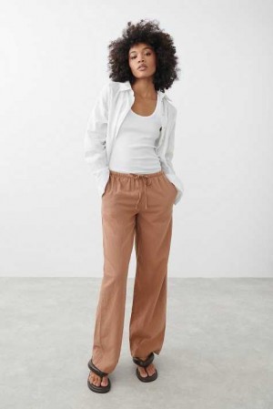 Women Gina Tricot Linen Blend Trousers Brown | 67RKQUBOG