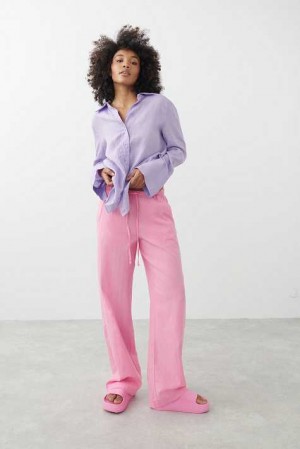 Women Gina Tricot Linen Blend Trousers Pink | 70RYSXPZN