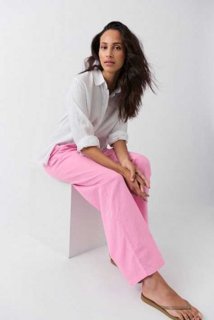 Women Gina Tricot Linen Blend Trousers Pink | 96UVOSFAM
