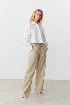 Women Gina Tricot Linen Blend Trousers White | 51GIFETCZ
