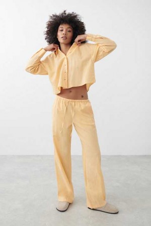 Women Gina Tricot Linen Blend Trousers Yellow | 40NGRWYOK