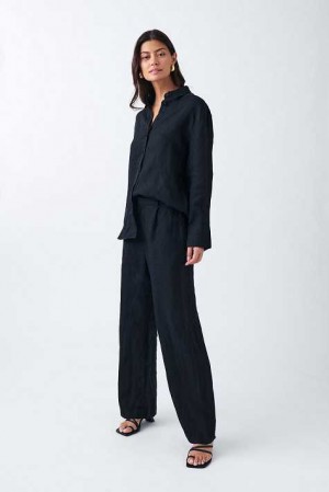 Women Gina Tricot Linen Trousers Black | 28ICQKAYP