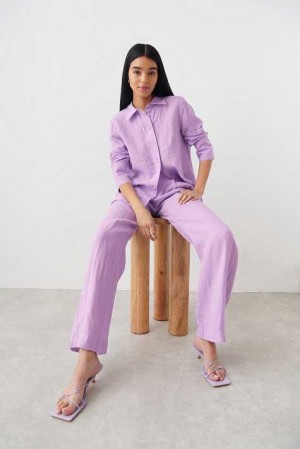 Women Gina Tricot Linen Trousers Blue | 21WNSQXFK
