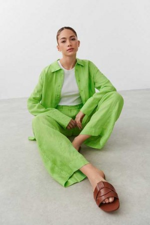 Women Gina Tricot Linen Trousers Green | 23BDZMJSU