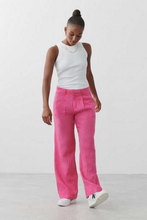 Women Gina Tricot Linen Trousers Pink | 46OQUZPMB