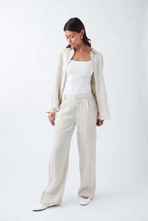 Women Gina Tricot Linen Trousers White | 59QUKEXFJ