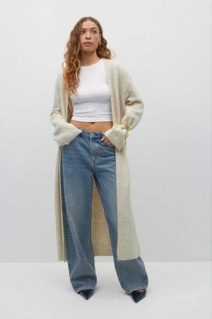 Women Gina Tricot Long Knitted Cardigan Beige | 87YGCTKZO
