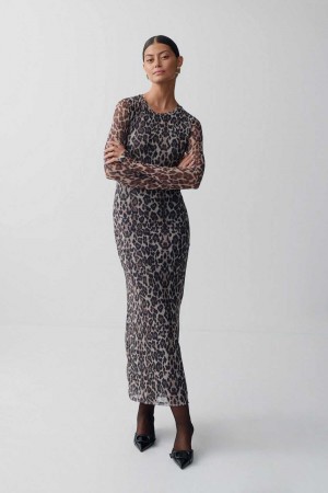 Women Gina Tricot Long Sleeve Mesh Dress Brown | 34TDXABNI
