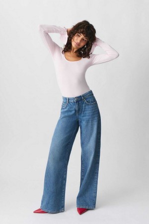 Women Gina Tricot Low Wide Jeans Blue | 70LZFDUKB