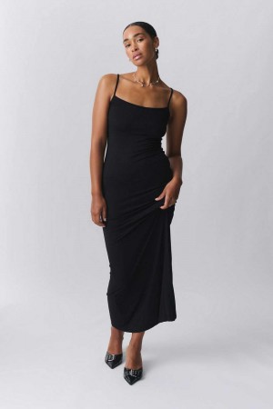 Women Gina Tricot Maxi Slip Dress Black | 70UOQLECZ