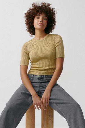 Women Gina Tricot Metallic Knitted Sweaters Gold | 75QLCNIWT