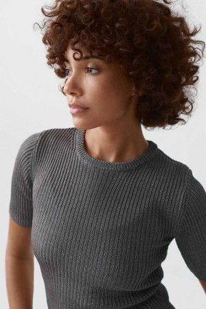 Women Gina Tricot Metallic Knitted Sweaters Beige | 87BANJMZH