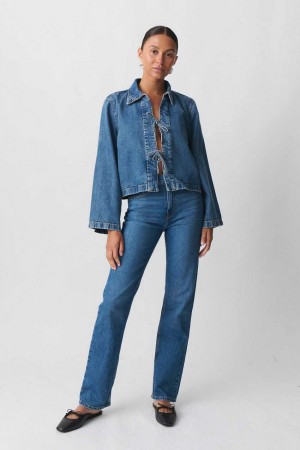Women Gina Tricot Mid Straight Jeans Blue | 32DCYZQBF