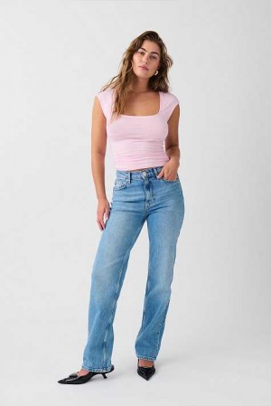 Women Gina Tricot Mid Straight Jeans Blue | 87YQTDHIO